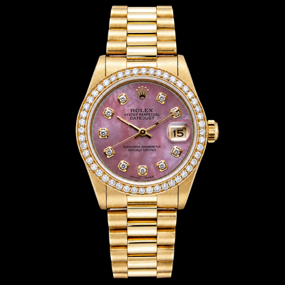 Yellow Gold Presidential Rolex 31 mm Burgundy Mother Of Pearl Diamond Dial Watch