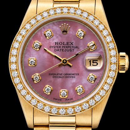 Yellow Gold Presidential Rolex 31 mm Burgundy Mother Of Pearl Diamond Dial Watch