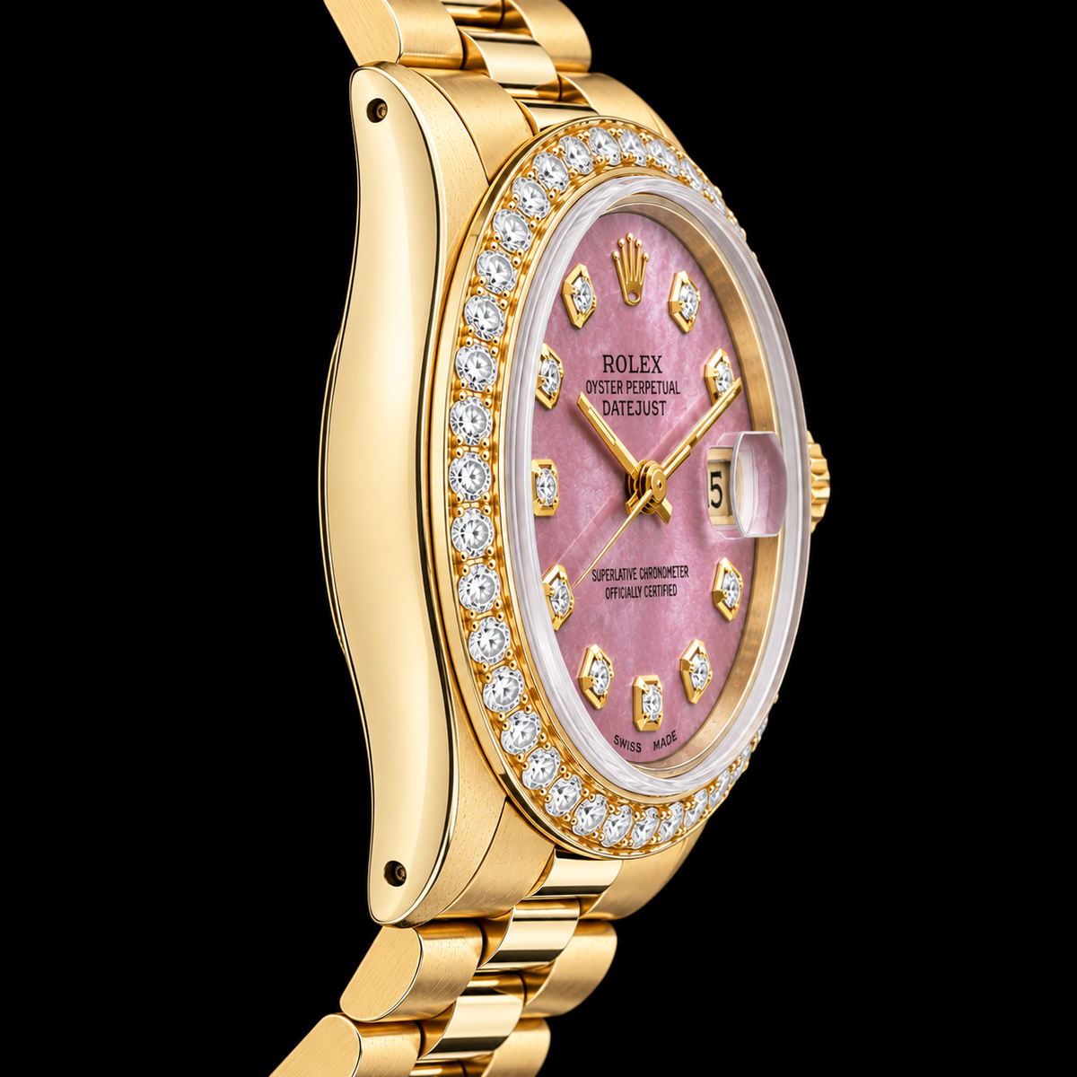 Yellow Gold Presidential Rolex 31 mm Burgundy Mother Of Pearl Diamond Dial Watch