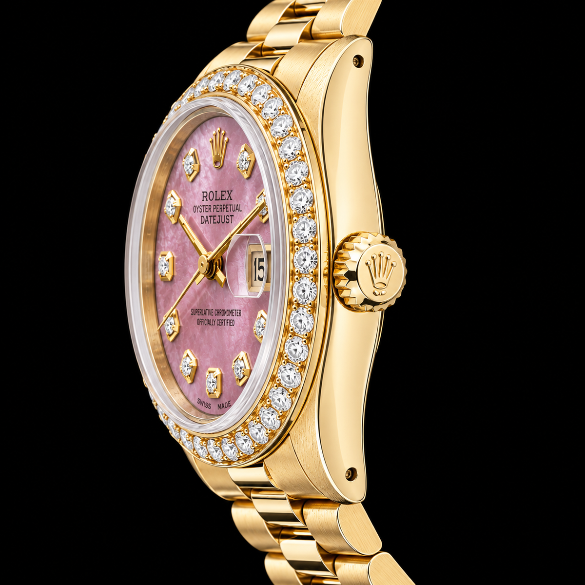 Yellow Gold Presidential Rolex 31 mm Burgundy Mother Of Pearl Diamond Dial Watch