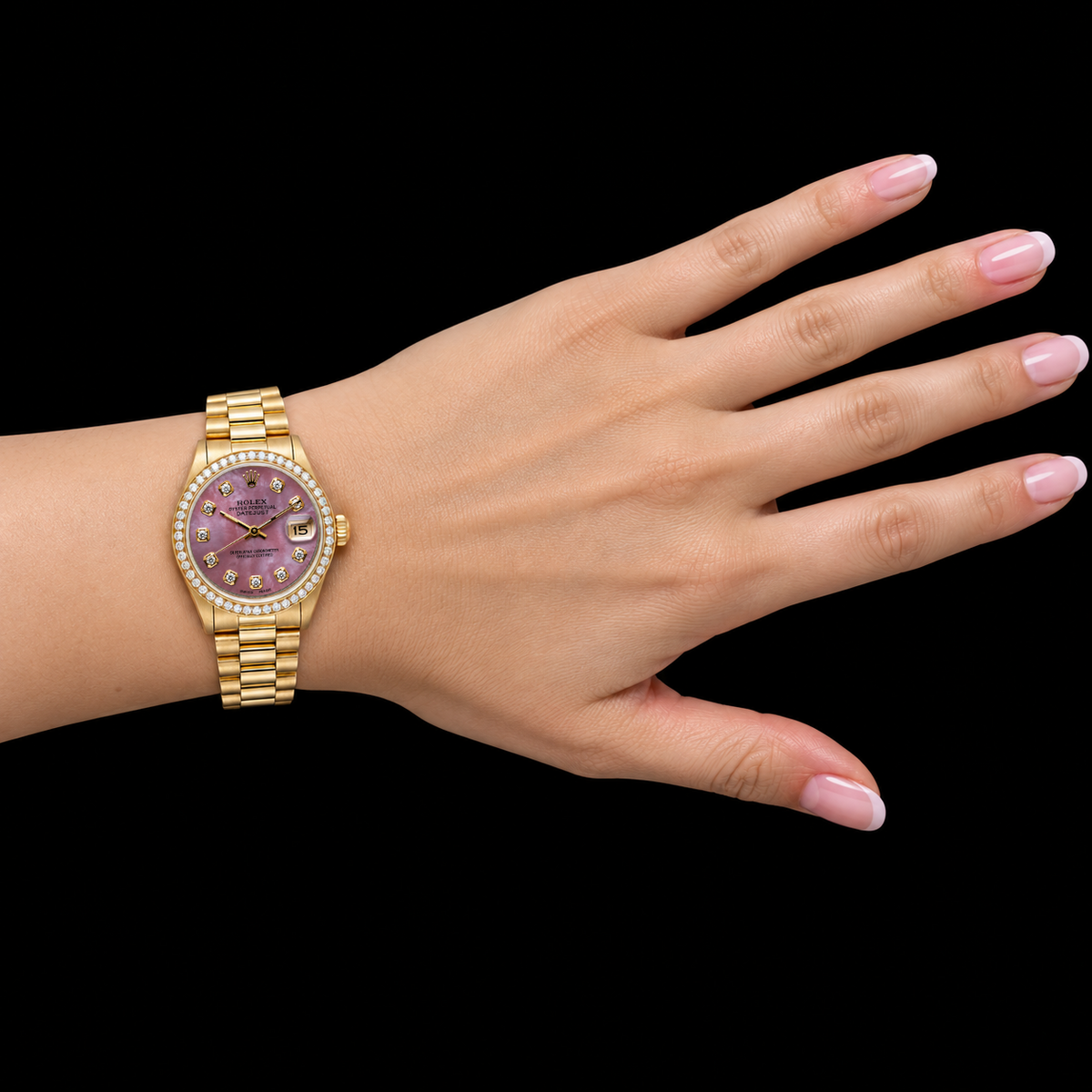 Yellow Gold Presidential Rolex 31 mm Burgundy Mother Of Pearl Diamond Dial Watch