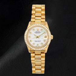 Yellow Gold Presidential Rolex 31 mm White Mother Of Pearl Diamond Dial Watch