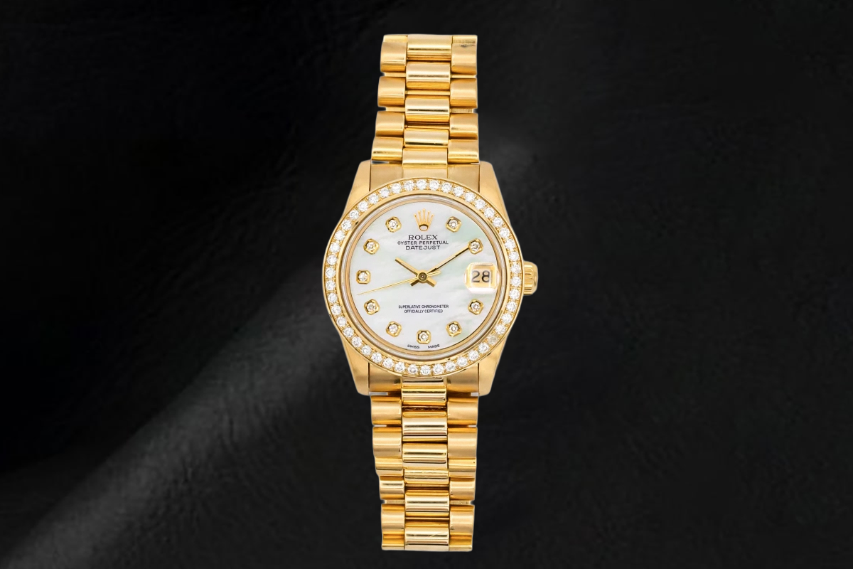 Yellow Gold Presidential Rolex 31 mm White Mother Of Pearl Diamond Dial Watch