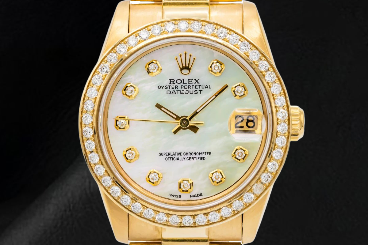 Yellow Gold Presidential Rolex 31 mm White Mother Of Pearl Diamond Dial Watch
