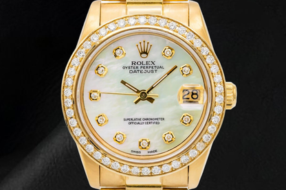Yellow Gold Presidential Rolex 31 mm White Mother Of Pearl Diamond Dial Watch