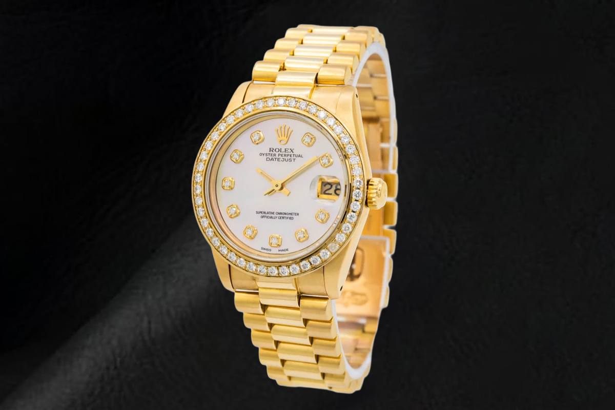 Yellow Gold Presidential Rolex 31 mm White Mother Of Pearl Diamond Dial Watch