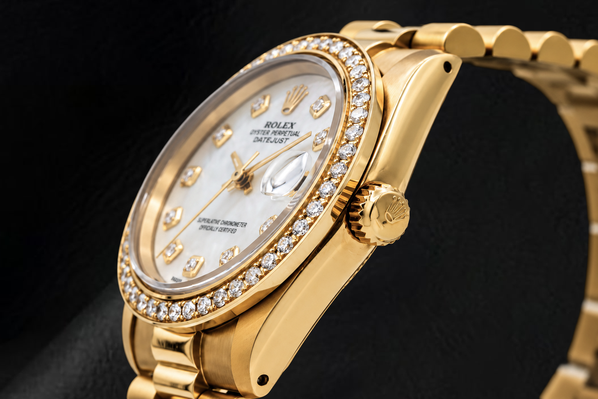 Yellow Gold Presidential Rolex 31 mm White Mother Of Pearl Diamond Dial Watch