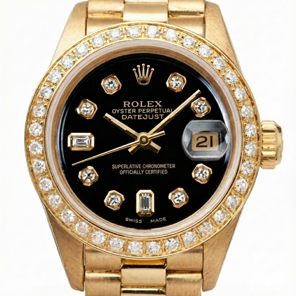 Yg President Style Rolex Date Just Watch Bezel Diamond Dial Black