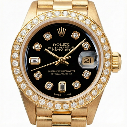 Yg President Style Rolex Date Just Watch Bezel Diamond Dial Black