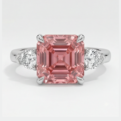 Asscher Cut Padparadscha and White Trilliant Three Stone Ring Natural Platinum