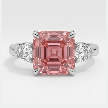 Asscher Cut Padparadscha and White Trilliant Three Stone Ring Natural Platinum