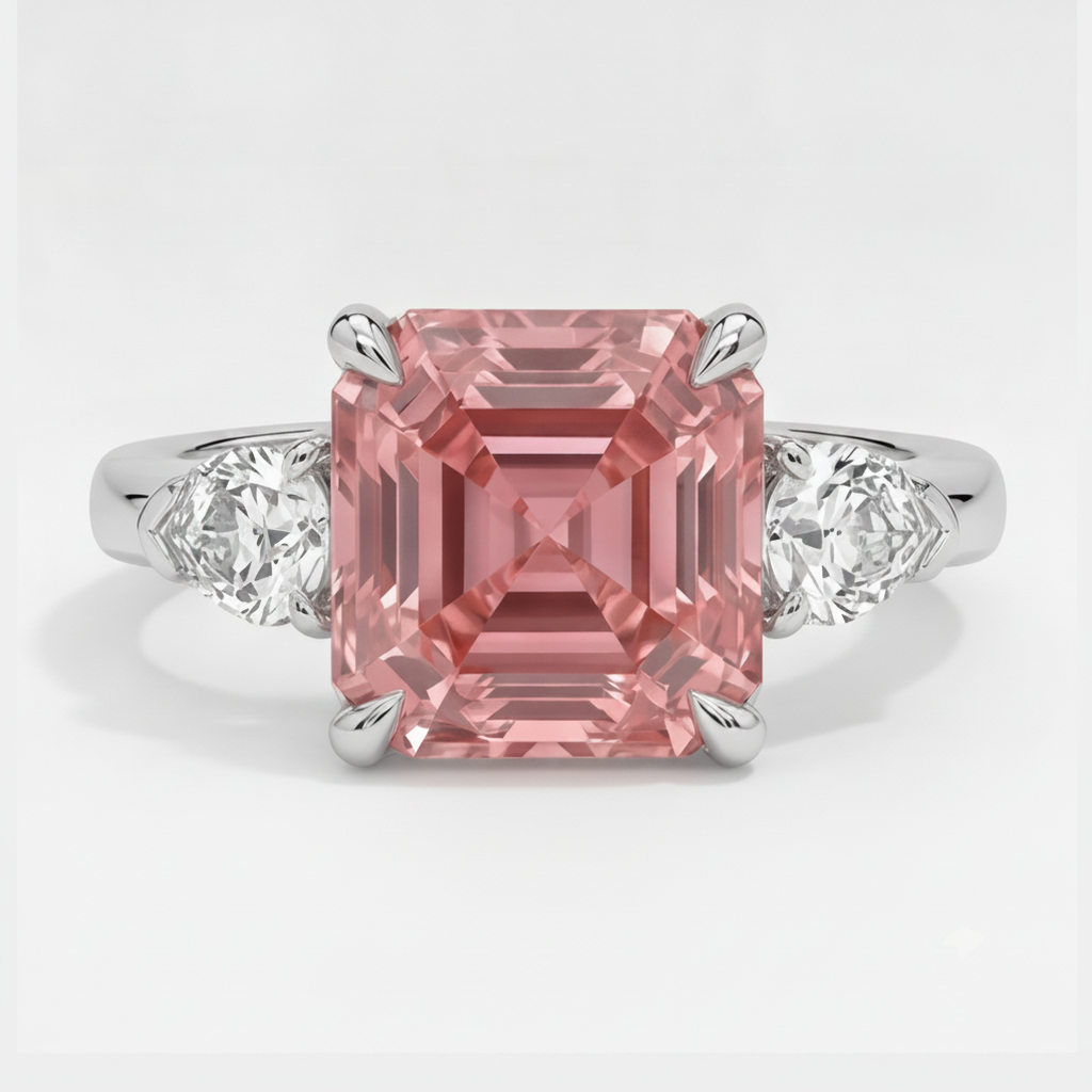 Asscher Cut Padparadscha and White Trilliant Three Stone Ring Natural Platinum