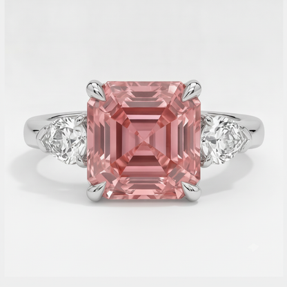 Asscher Cut Padparadscha and White Trilliant Three Stone Ring Natural Platinum