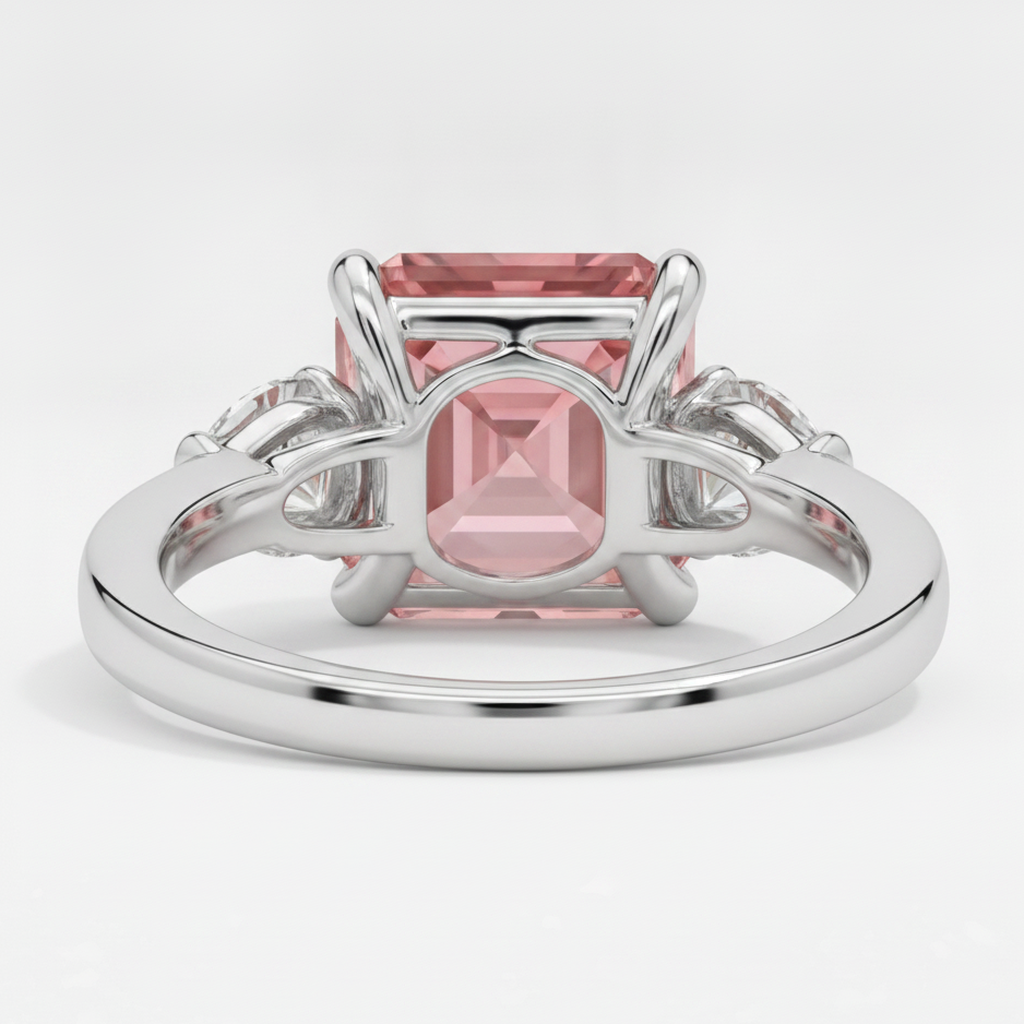 Asscher Cut Padparadscha and White Trilliant Three Stone Ring Natural Platinum