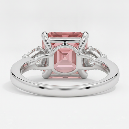 Asscher Cut Padparadscha and White Trilliant Three Stone Ring Natural Platinum