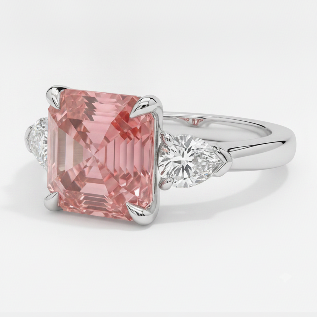 Asscher Cut Padparadscha and White Trilliant Three Stone Ring Natural Platinum