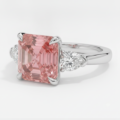 Asscher Cut Padparadscha and White Trilliant Three Stone Ring Natural Platinum