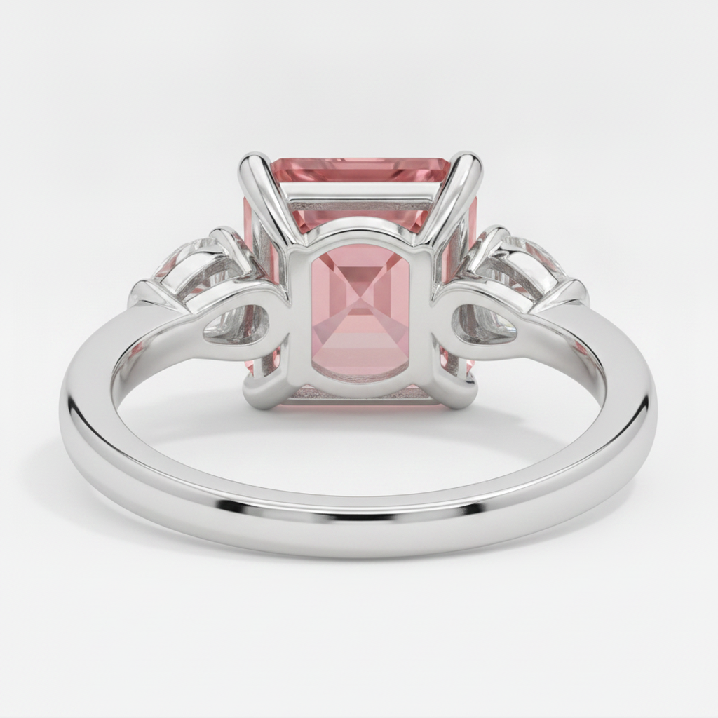 Asscher Cut Padparadscha and White Trilliant Three Stone Ring Natural Platinum