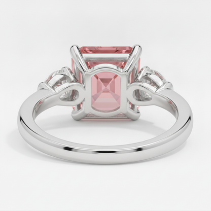 Asscher Cut Padparadscha and White Trilliant Three Stone Ring Natural Platinum