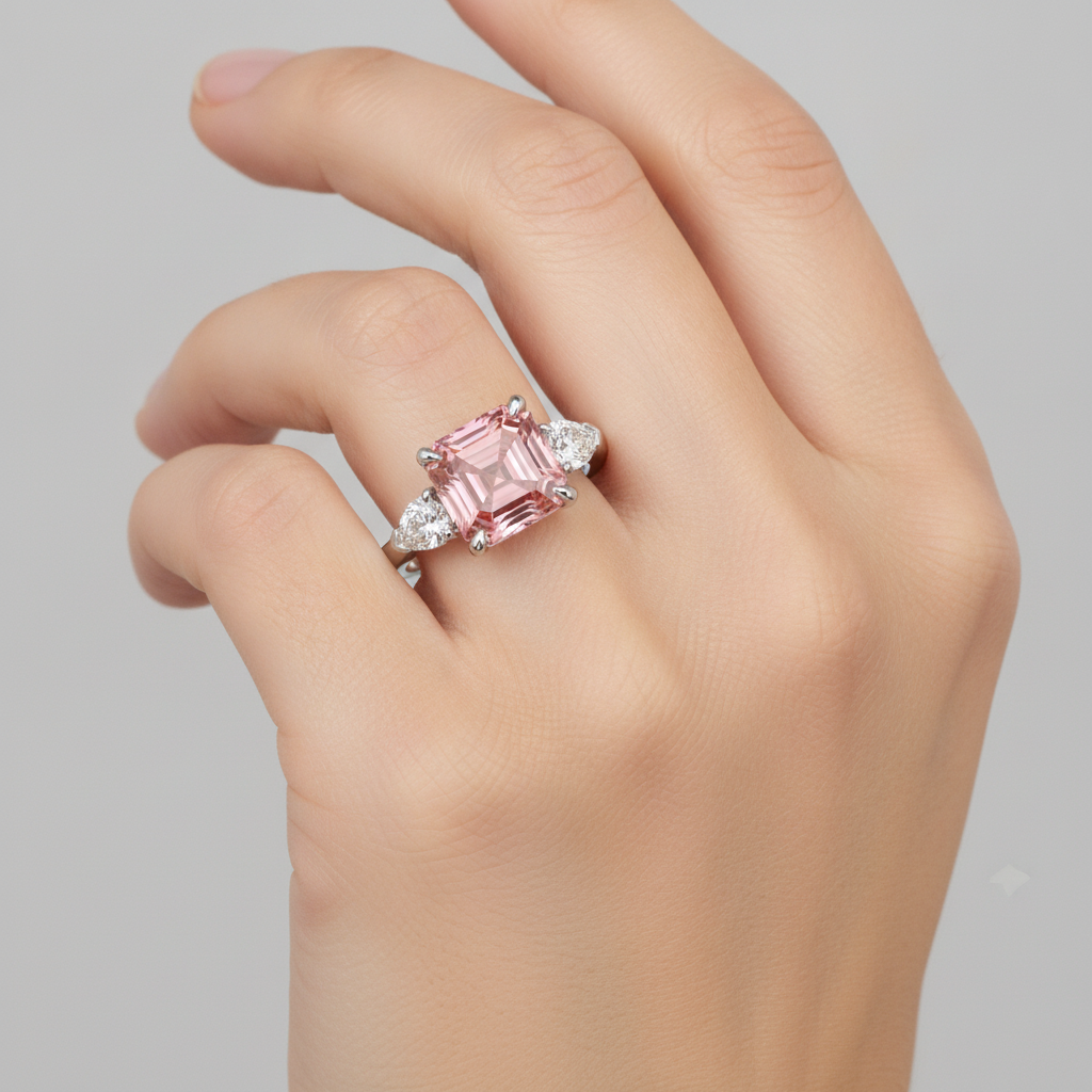 Asscher Cut Padparadscha and White Trilliant Three Stone Ring Natural Platinum