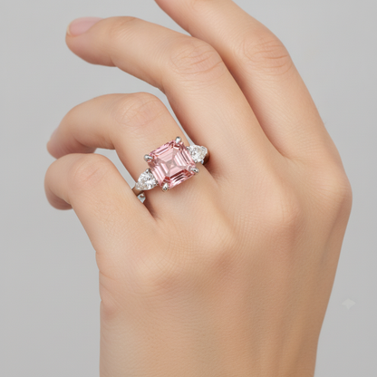 Asscher Cut Padparadscha and White Trilliant Three Stone Ring Natural Platinum