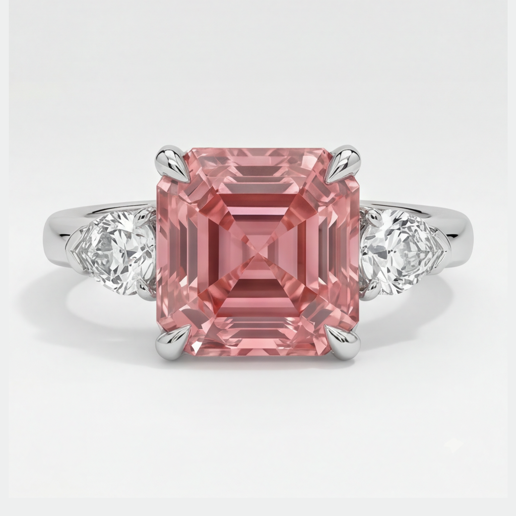 Asscher Cut Padparadscha and White Trilliant Three Stone Ring Natural Platinum