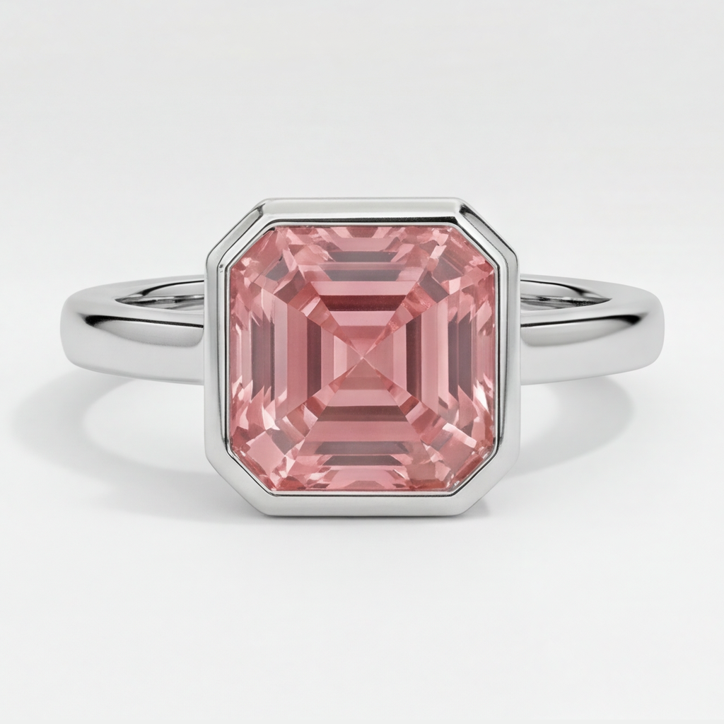 Asscher Cut Padparadscha Bezel Solitaire Ring Natural Platinum