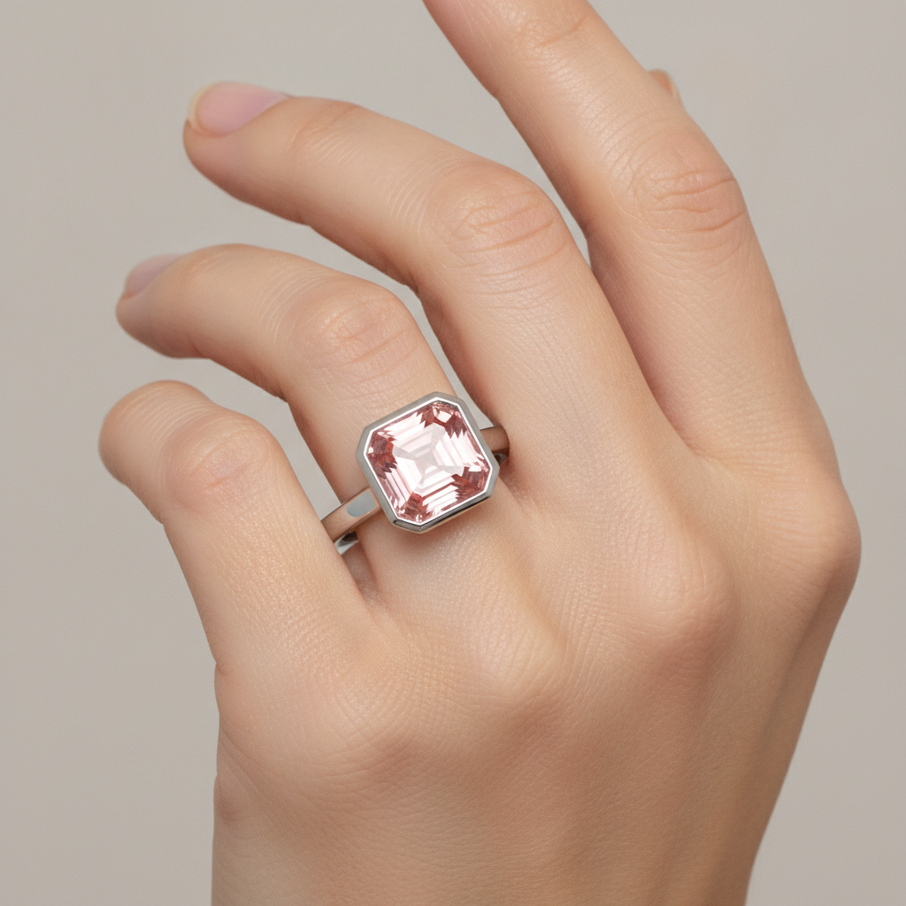Asscher Cut Padparadscha Bezel Solitaire Ring Natural Platinum