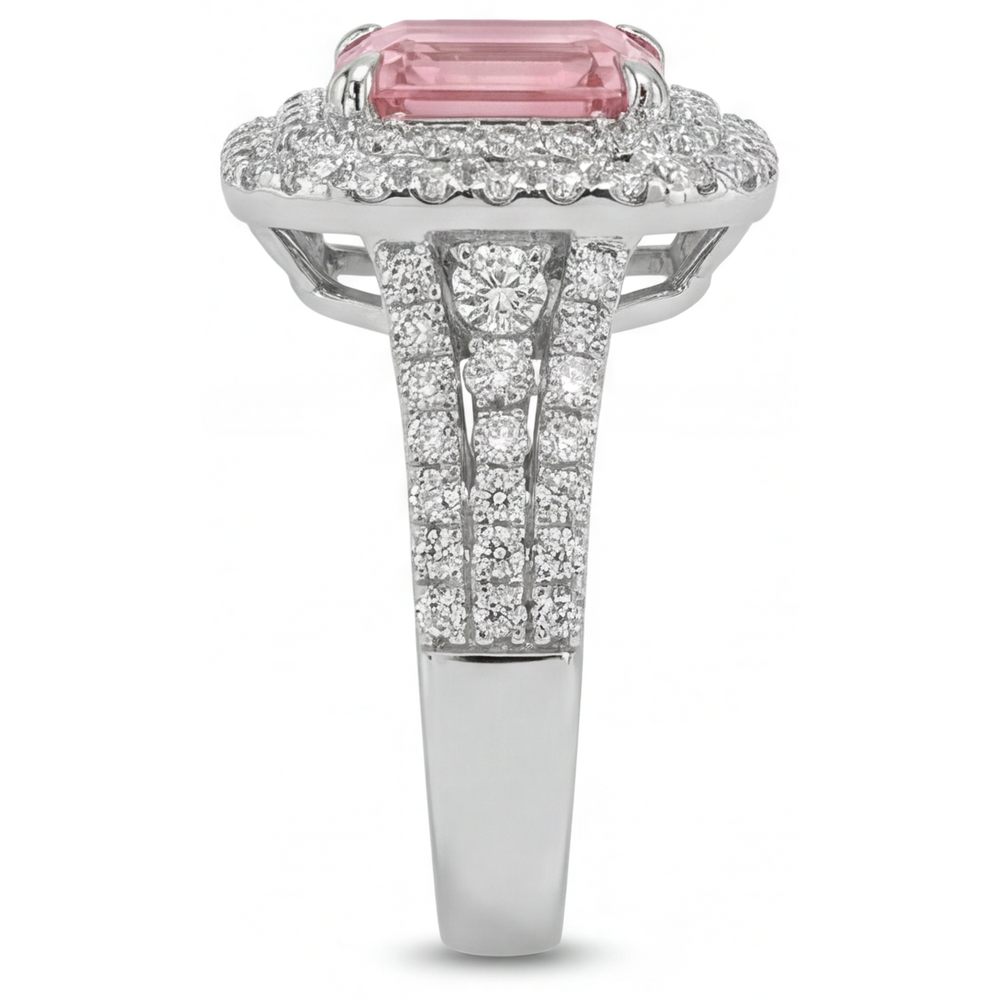 Asscher Lab Grown Padparadscha and Lab Grown Diamond Double Halo Ring 14K White Gold