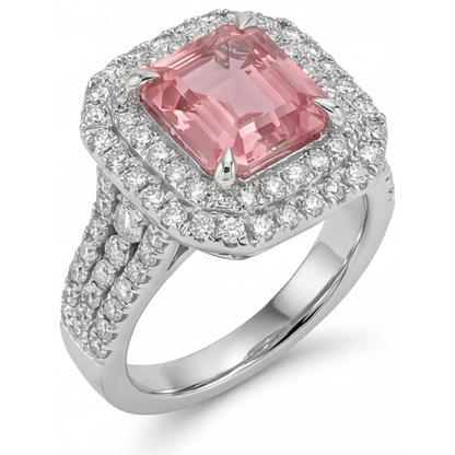 Asscher Lab Grown Padparadscha and Lab Grown Diamond Double Halo Ring 14K White Gold