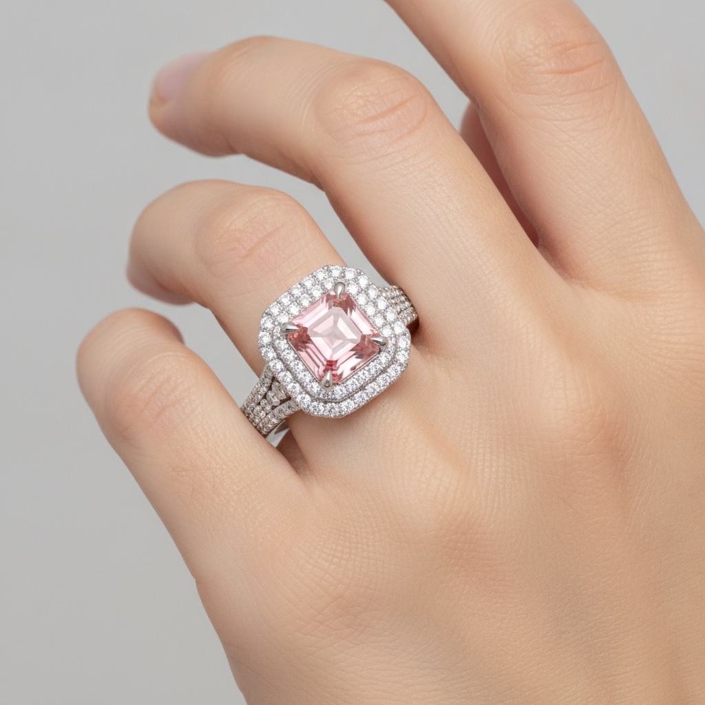 Asscher Lab Grown Padparadscha and Lab Grown Diamond Double Halo Ring 14K White Gold