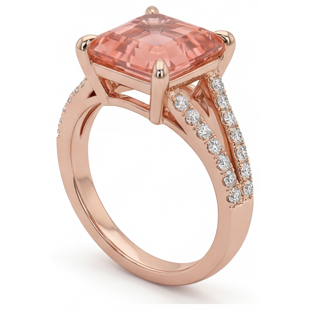 Asscher Lab Grown Padparadscha and Lab Grown Diamond Pave Ring 14K Rose Gold