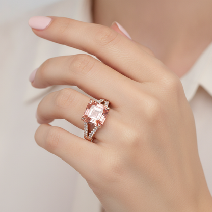 Asscher Lab Grown Padparadscha and Lab Grown Diamond Pave Ring 14K Rose Gold