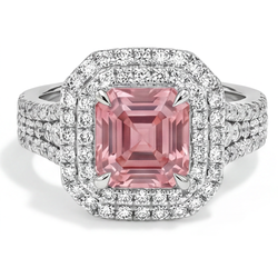 Asscher Lab Grown Padparadscha and Diamond Double Halo Ring 14K White Gold