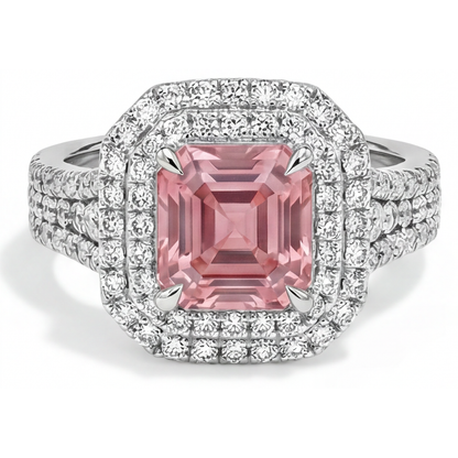 Asscher Lab Grown Padparadscha and Lab Grown Diamond Double Halo Ring 14K White Gold