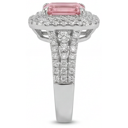 Asscher Lab Grown Padparadscha and Lab Grown Diamond Double Halo Ring 14K White Gold