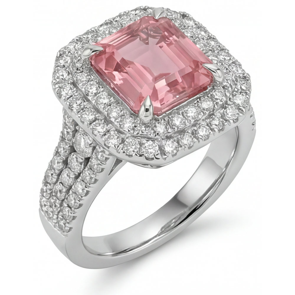 Asscher Lab Grown Padparadscha and Lab Grown Diamond Double Halo Ring 14K White Gold