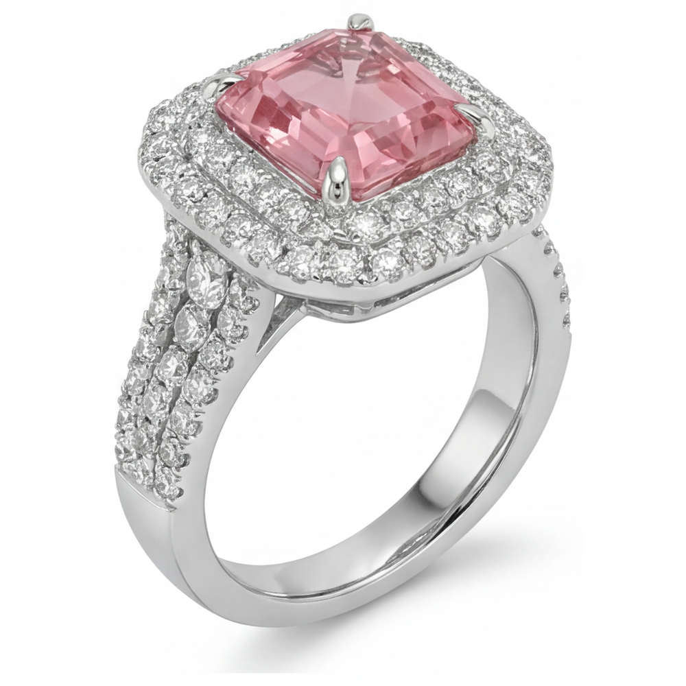 Asscher Lab Grown Padparadscha and Lab Grown Diamond Double Halo Ring 14K White Gold