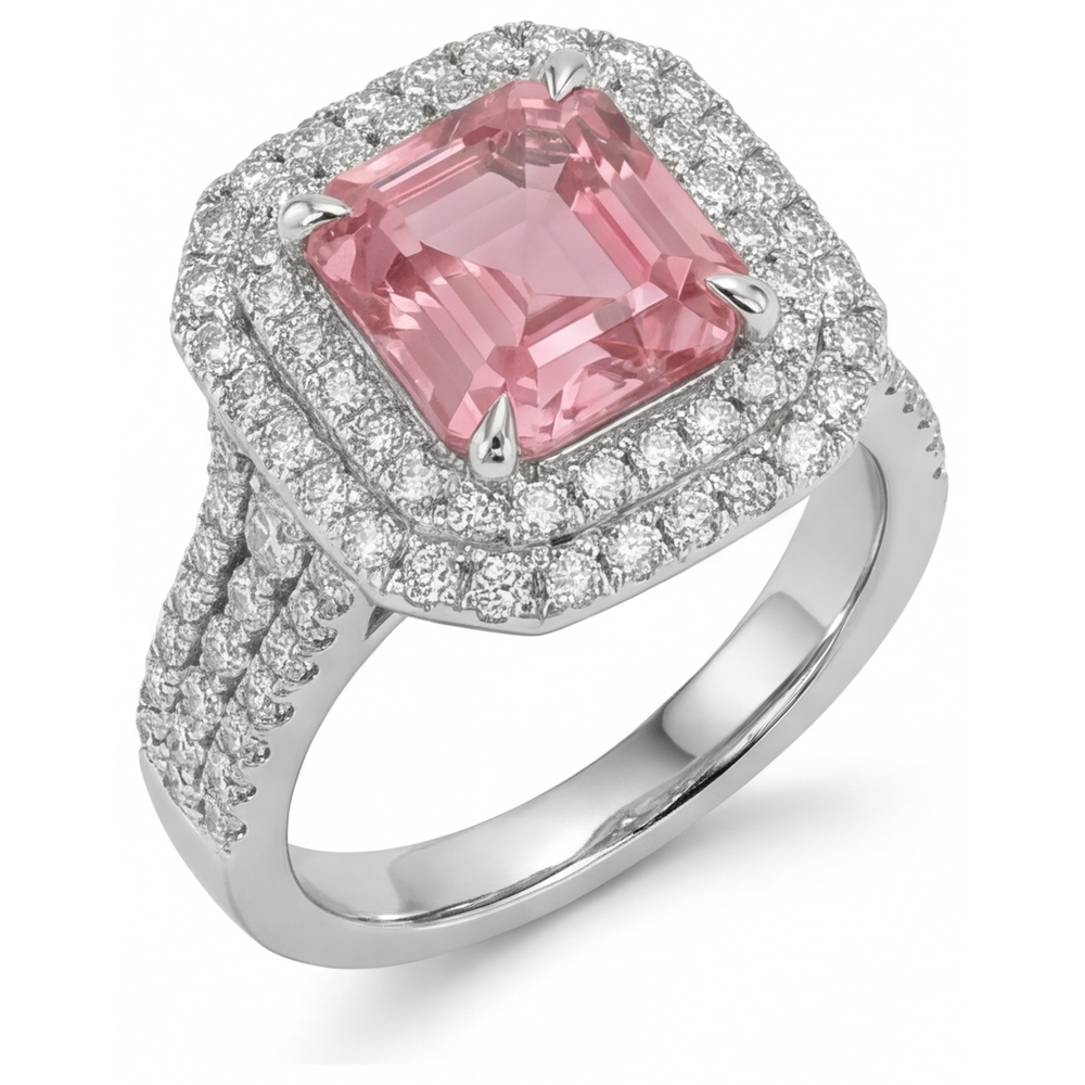 Asscher Lab Grown Padparadscha and Lab Grown Diamond Double Halo Ring 14K White Gold