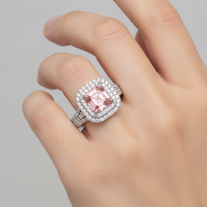 Asscher Lab Grown Padparadscha and Lab Grown Diamond Double Halo Ring 14K White Gold