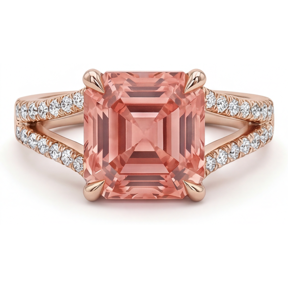 Asscher Lab Grown Padparadscha and Lab Grown Diamond Pave Ring 14K Rose Gold