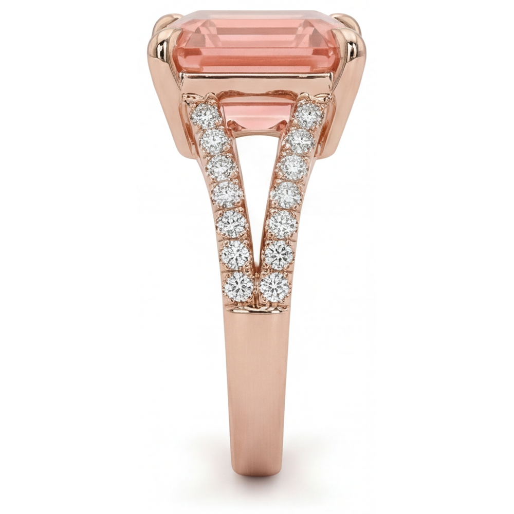 Asscher Lab Grown Padparadscha and Lab Grown Diamond Pave Ring 14K Rose Gold