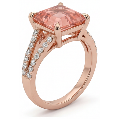 Asscher Lab Grown Padparadscha and Lab Grown Diamond Pave Ring 14K Rose Gold