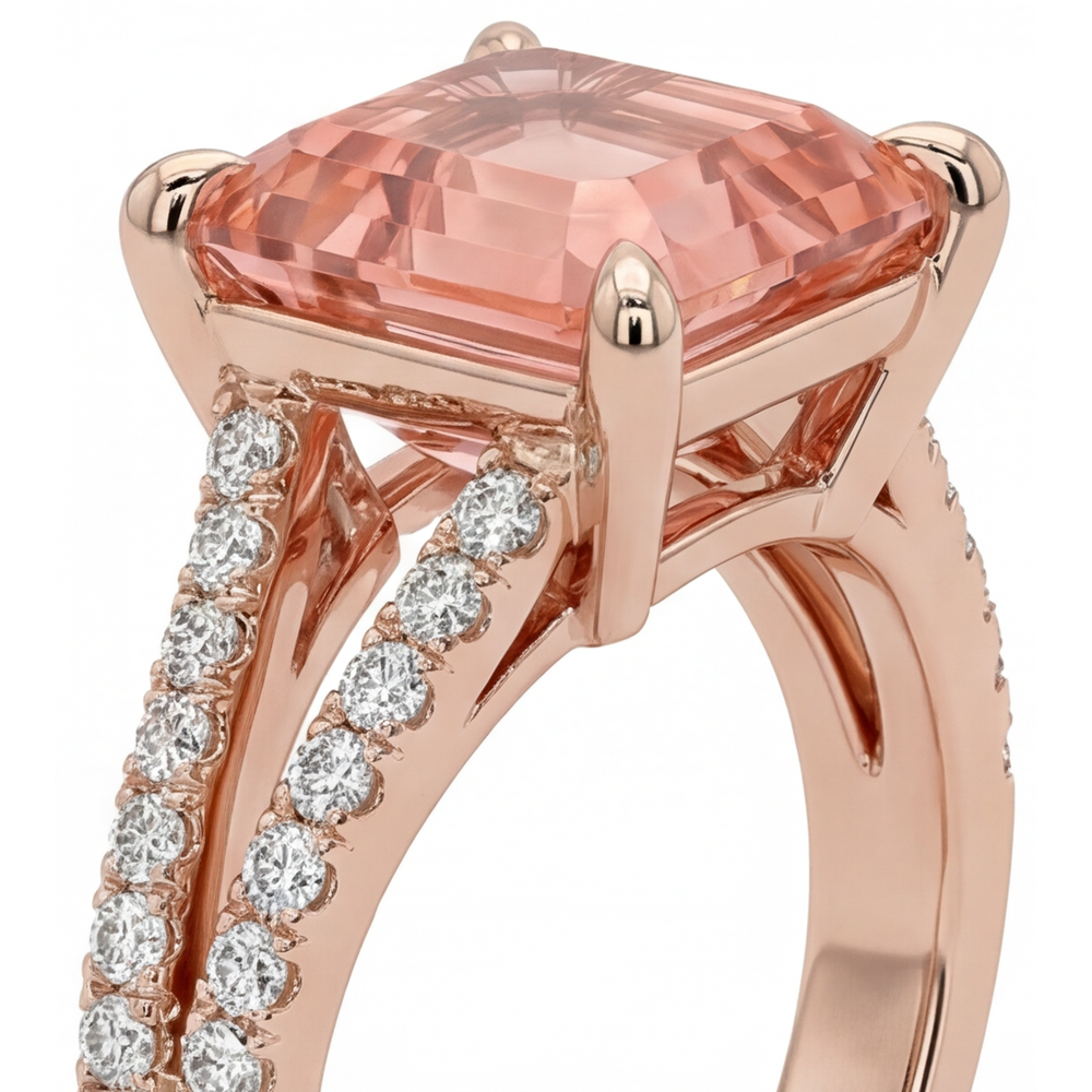 Asscher Lab Grown Padparadscha and Lab Grown Diamond Pave Ring 14K Rose Gold