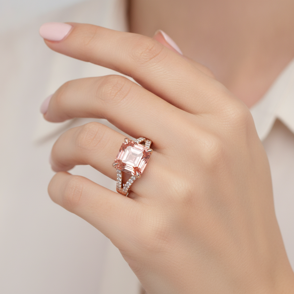 Asscher Lab Grown Padparadscha and Lab Grown Diamond Pave Ring 14K Rose Gold