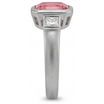 Asscher Padparadscha Bezel Three Stone Ring Natural 14K White Gold