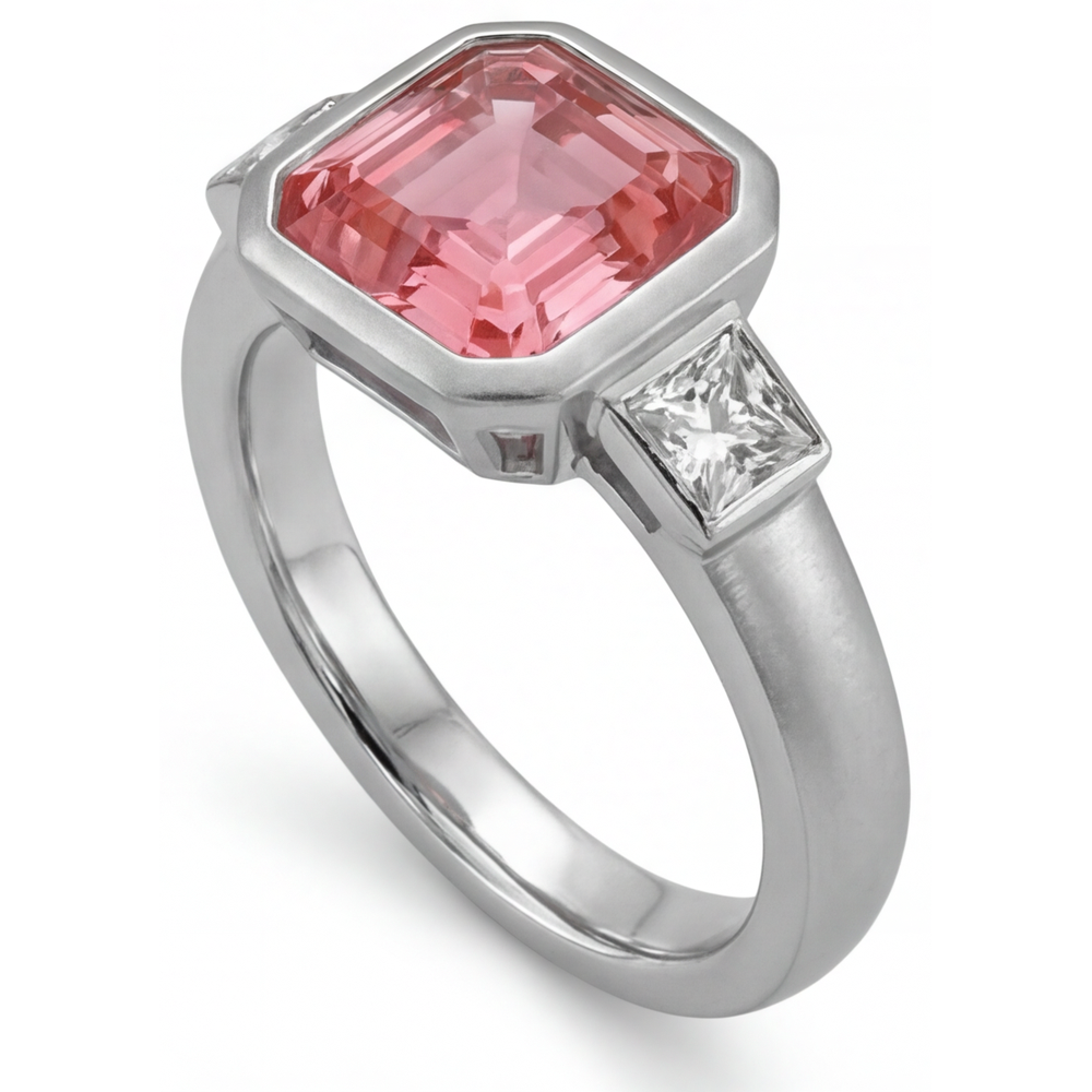 Asscher Padparadscha Bezel Three Stone Ring Natural 14K White Gold