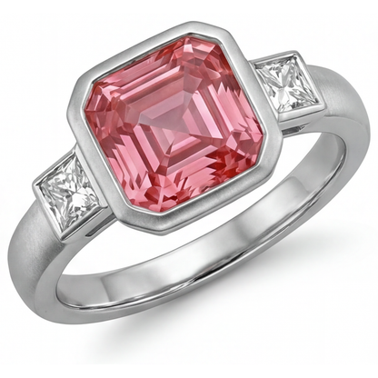 Asscher Padparadscha Bezel Three Stone Ring Natural 14K White Gold