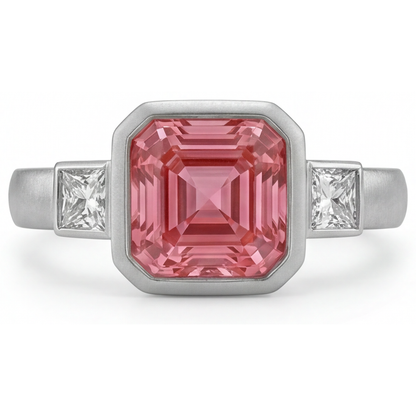 Asscher Padparadscha Bezel Three Stone Ring Natural 14K White Gold