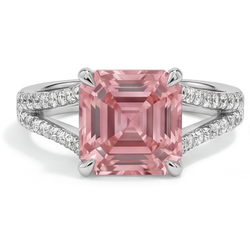 Asscher Padparadscha and White Diamond Pave Ring Natural 14K White Gold